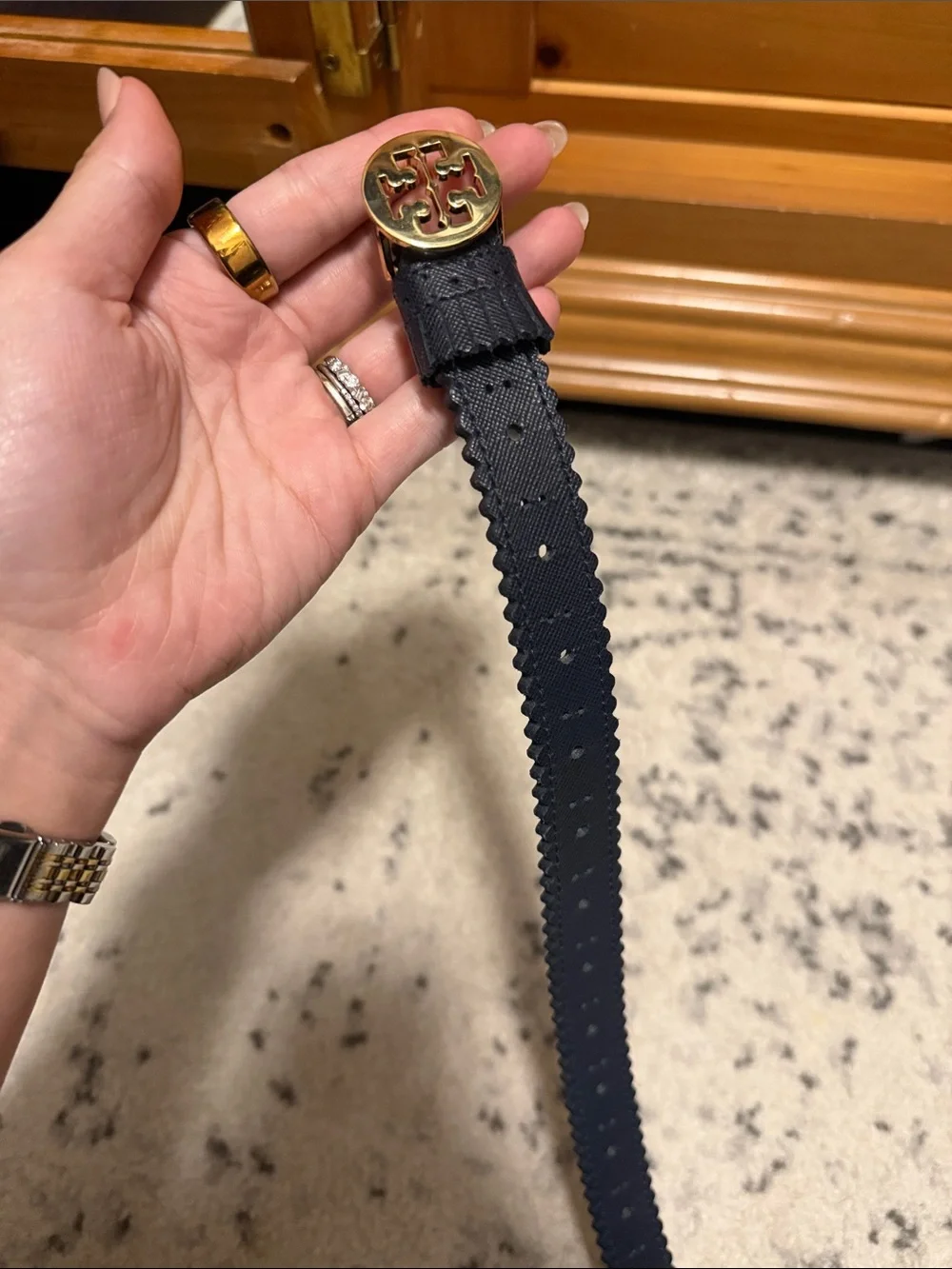 Tory Burch Navy Leather Spectator Belt with Gold Emblem